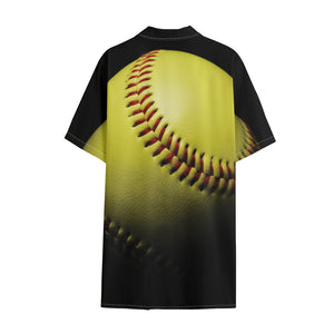 Yellow Softball Ball Print Cotton Hawaiian Shirt