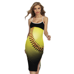 Yellow Softball Ball Print Cross Back Cami Dress