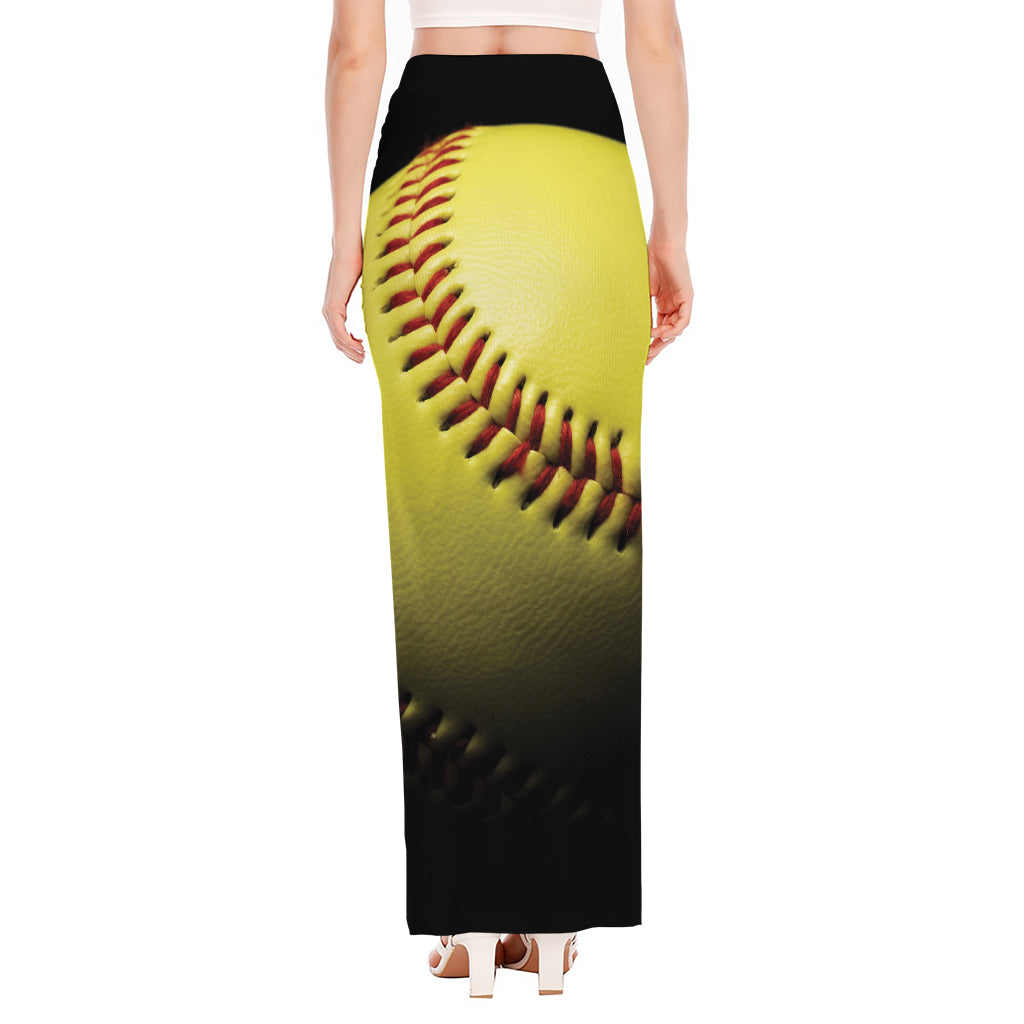 Yellow Softball Ball Print High Slit Maxi Skirt