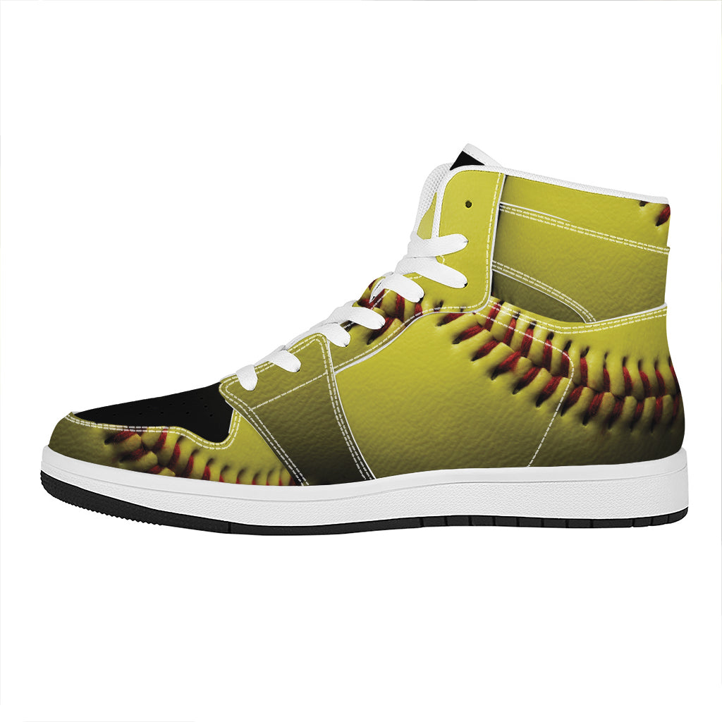 Yellow Softball Ball Print High Top Leather Sneakers