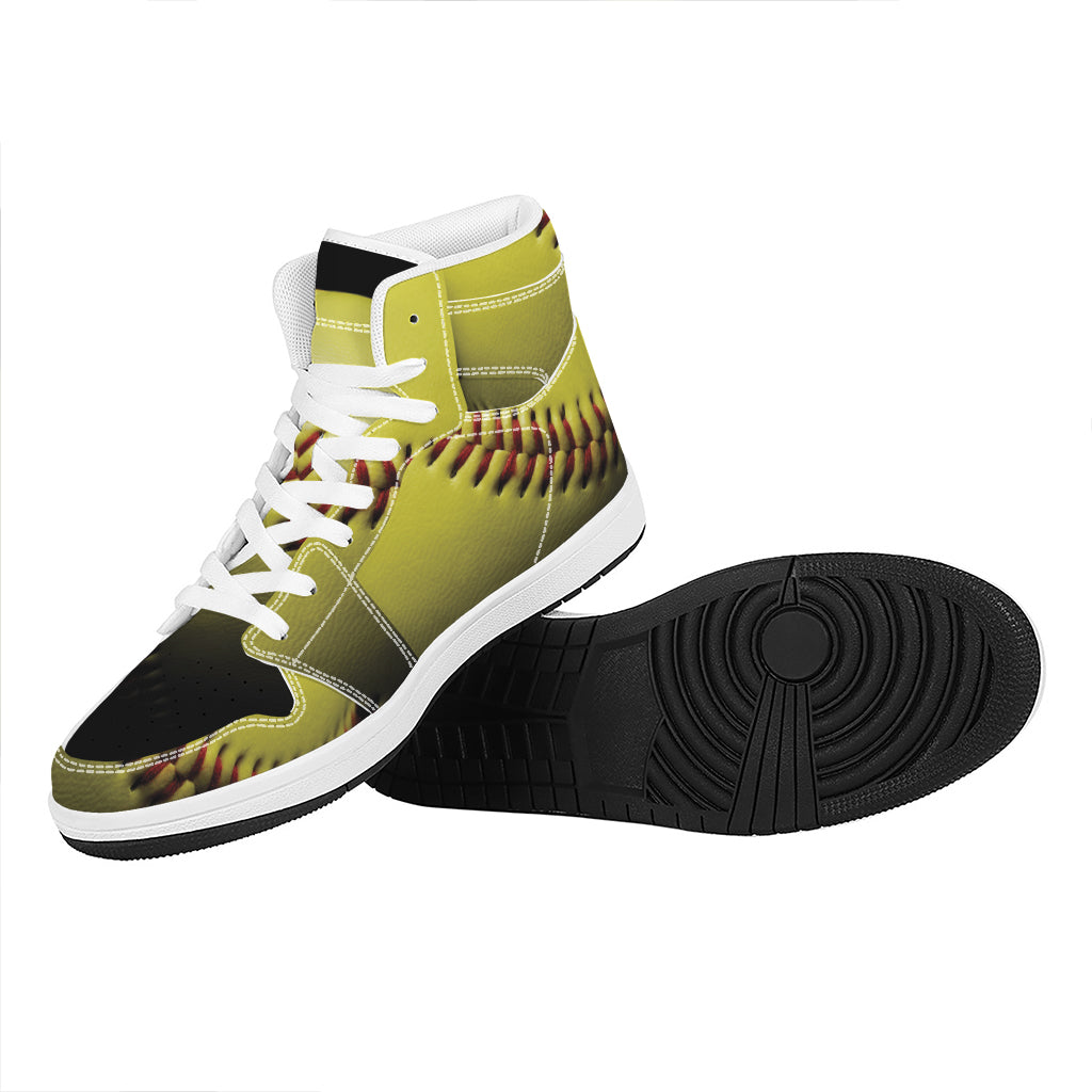 Yellow Softball Ball Print High Top Leather Sneakers