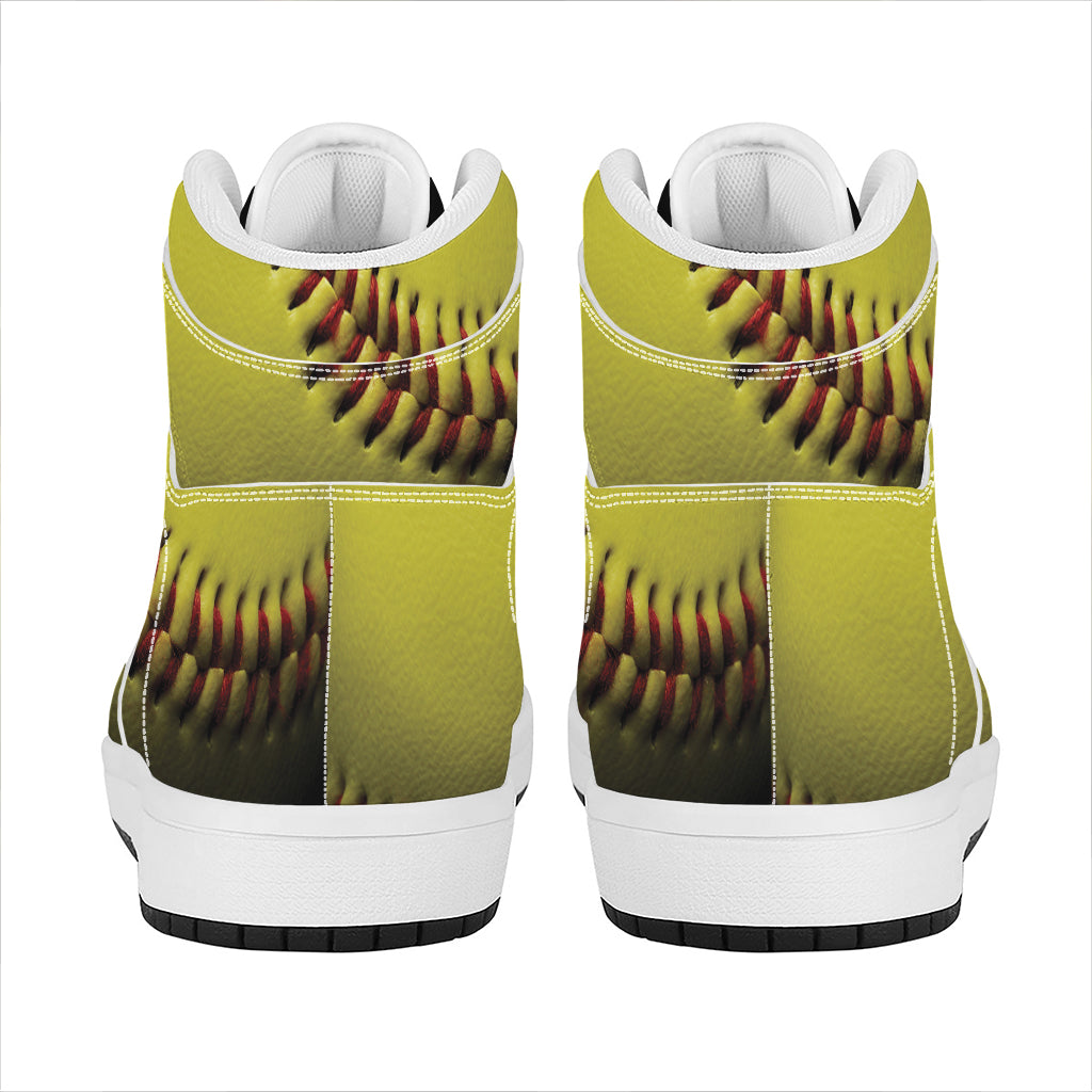 Yellow Softball Ball Print High Top Leather Sneakers