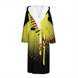 Yellow Softball Ball Print Hooded Bathrobe