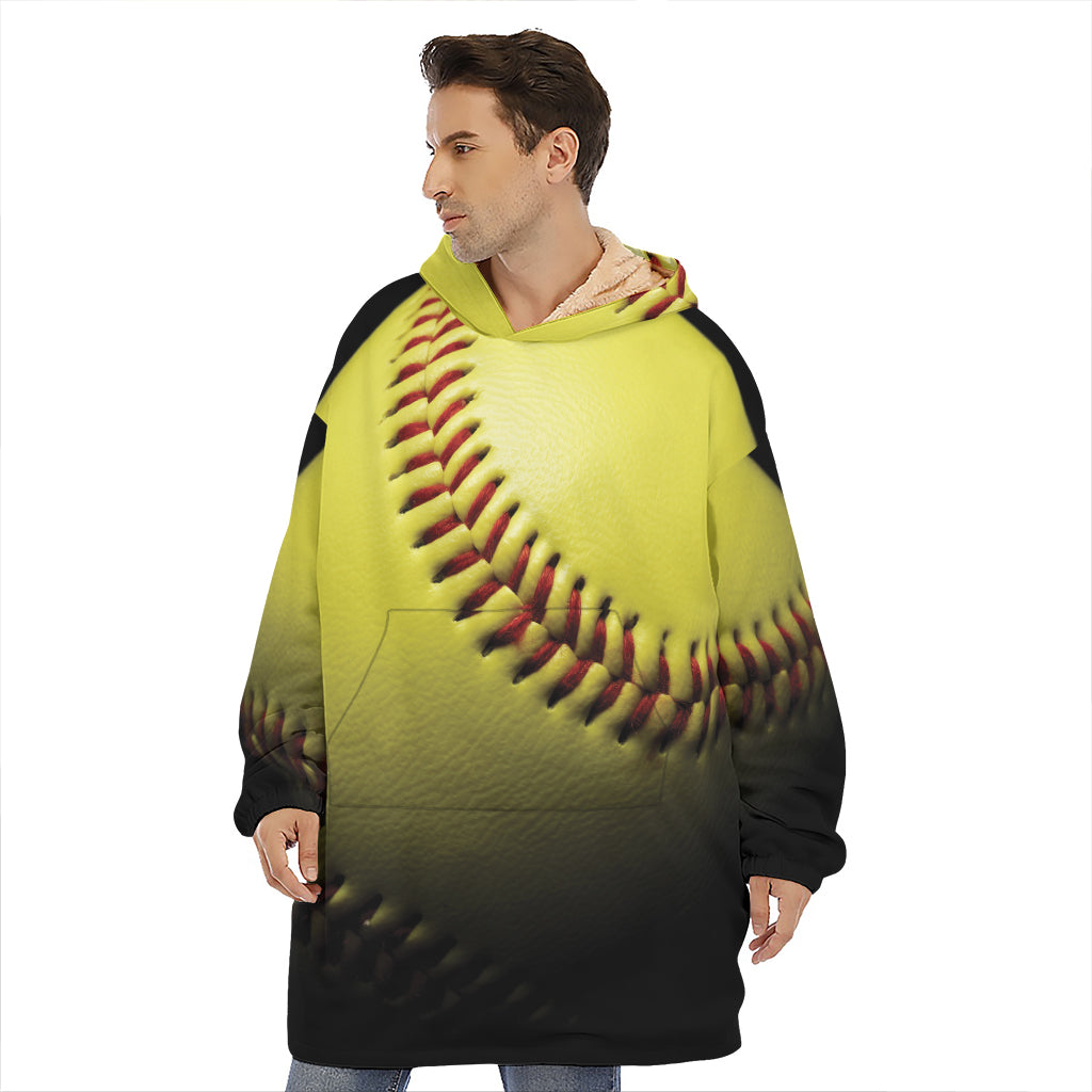 Yellow Softball Ball Print Hoodie Blanket