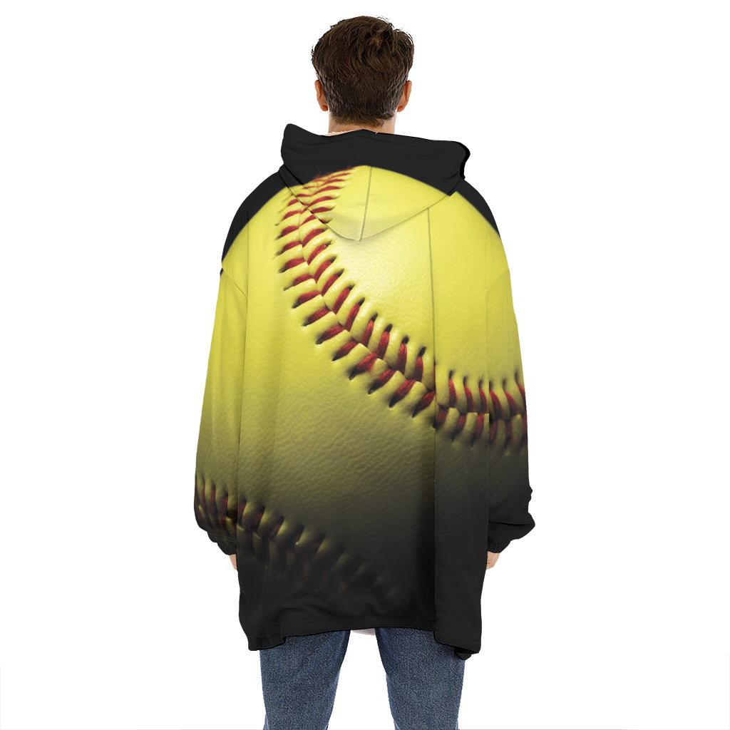 Yellow Softball Ball Print Hoodie Blanket