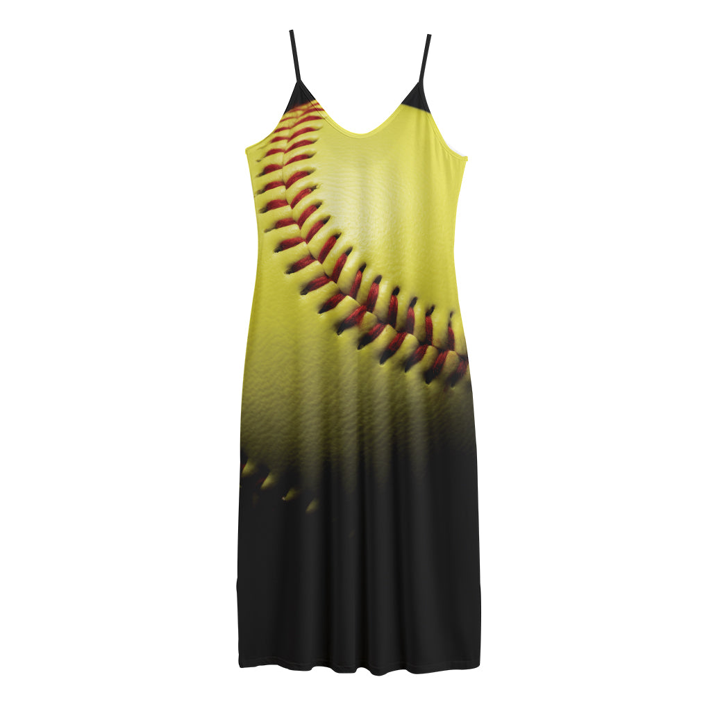 Yellow Softball Ball Print Jersey Midi Cami Dress