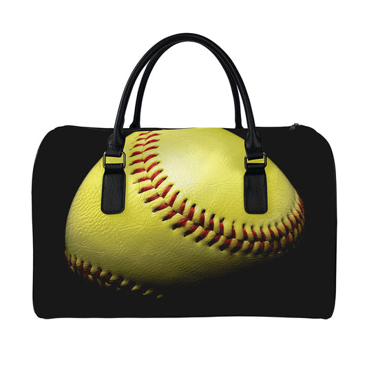 Yellow Softball Ball Print Leather Duffle Bag