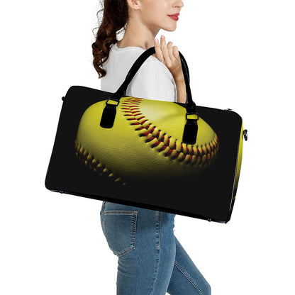 Yellow Softball Ball Print Leather Duffle Bag