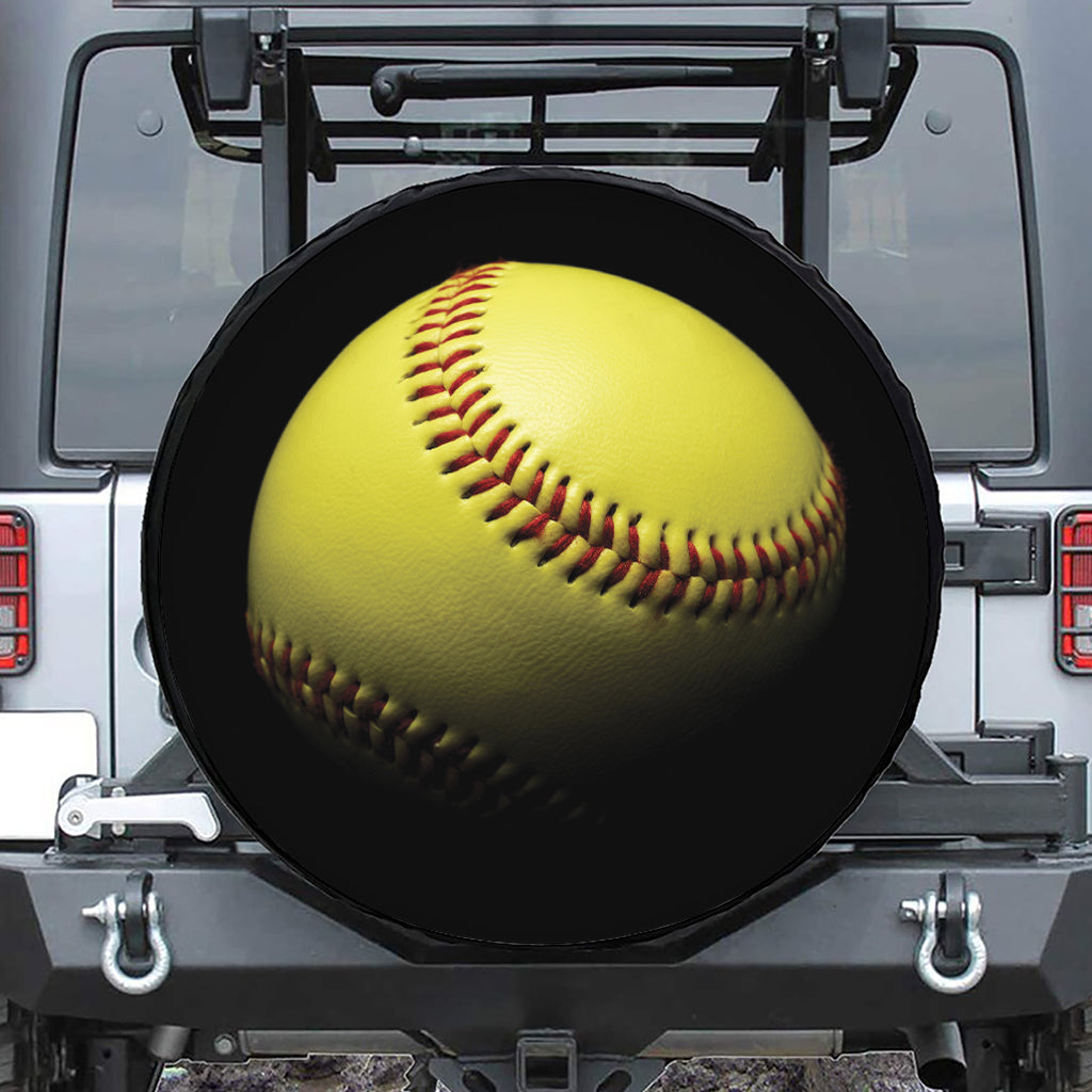 Yellow Softball Ball Print Leather Spare Tire Cover