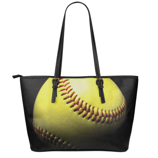 Yellow Softball Ball Print Leather Tote Bag