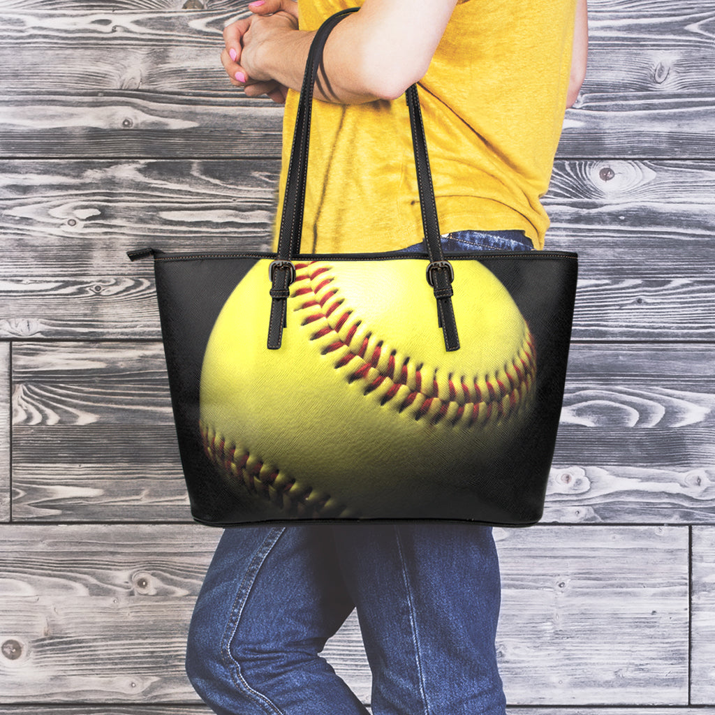 Yellow Softball Ball Print Leather Tote Bag