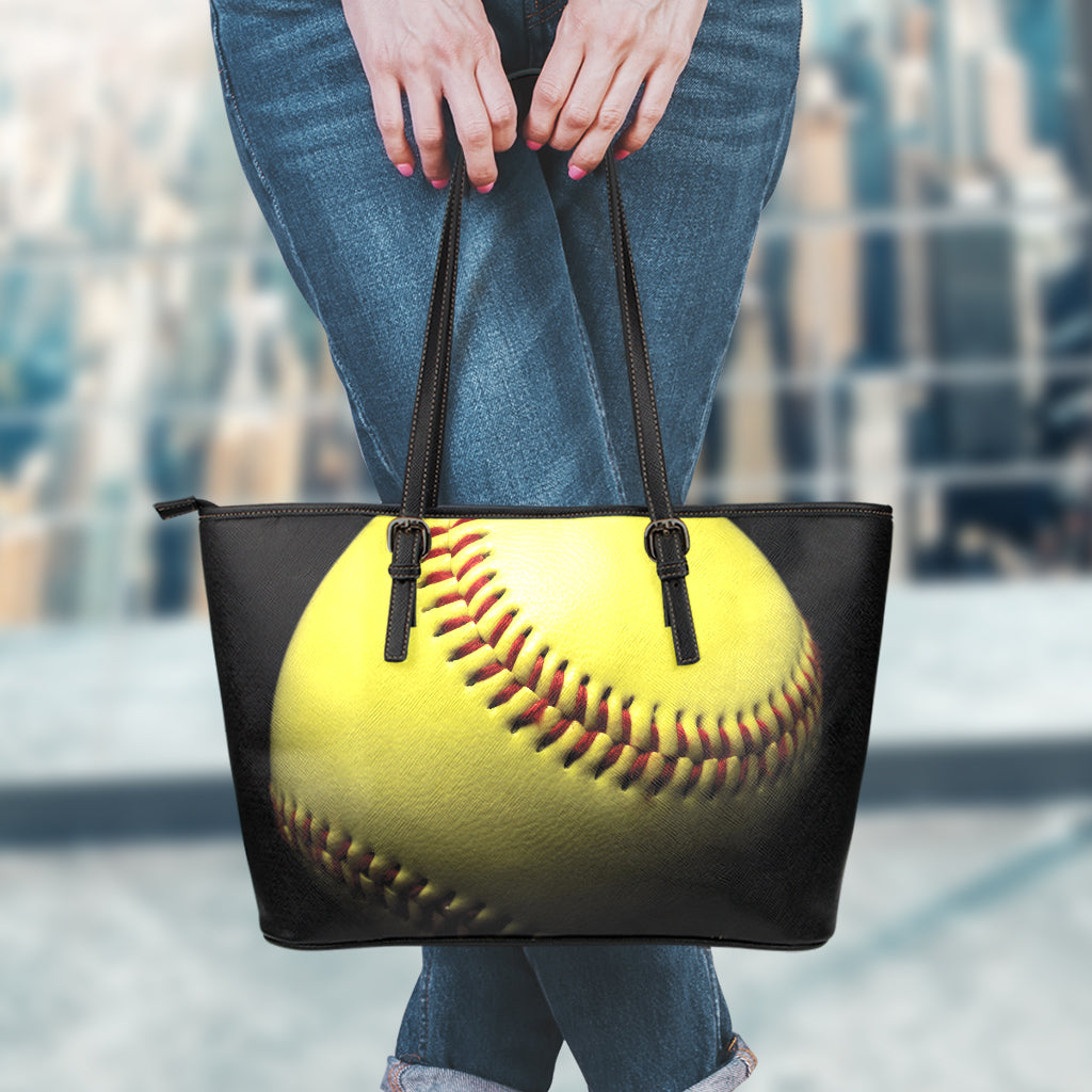 Yellow Softball Ball Print Leather Tote Bag