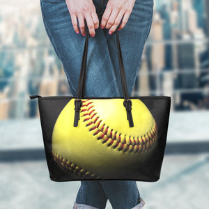 Yellow Softball Ball Print Leather Tote Bag