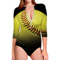 Yellow Softball Ball Print Long Sleeve Swimsuit