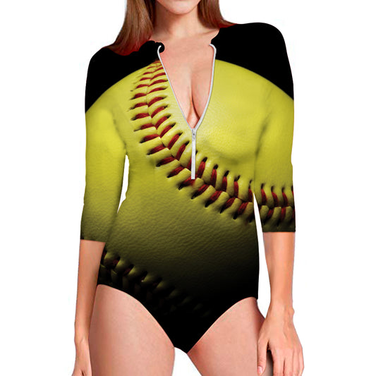 Yellow Softball Ball Print Long Sleeve Swimsuit