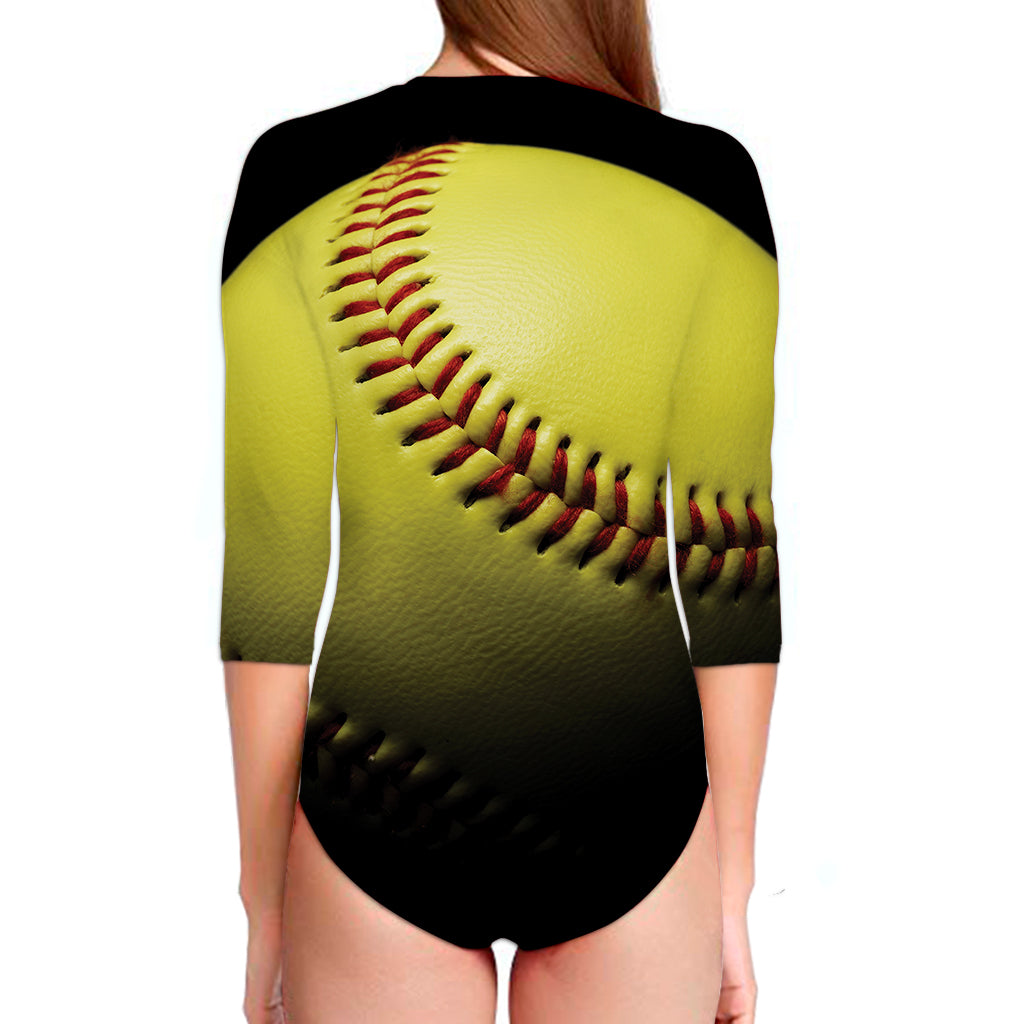 Yellow Softball Ball Print Long Sleeve Swimsuit