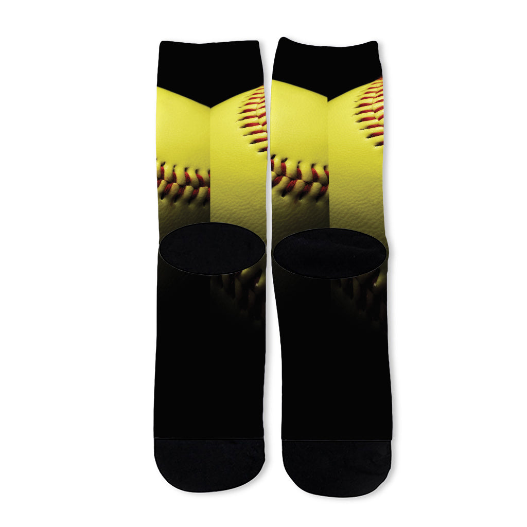 Yellow Softball Ball Print Long Socks