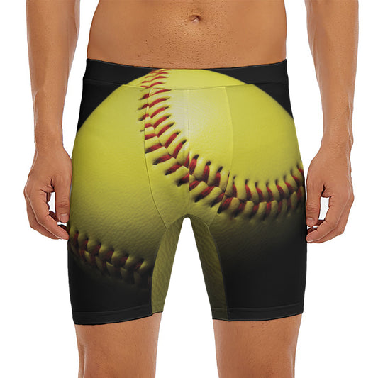 Yellow Softball Ball Print Men's Long Boxer Briefs