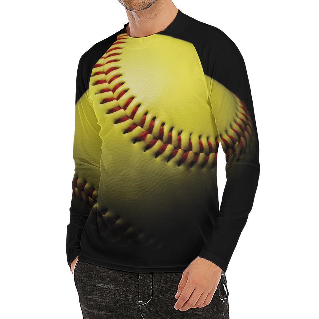 Yellow Softball Ball Print Men's Long Sleeve Rash Guard