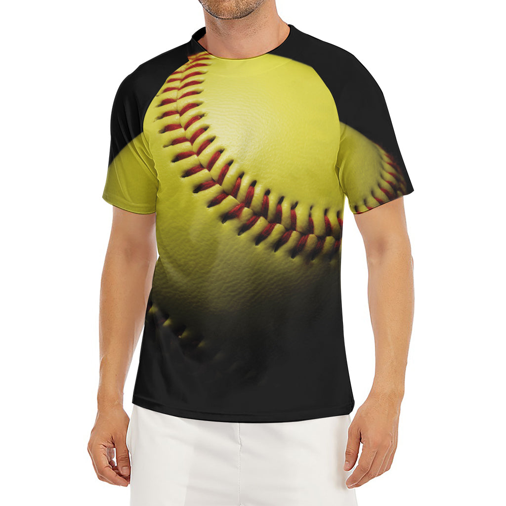 Yellow Softball Ball Print Men's Short Sleeve Rash Guard