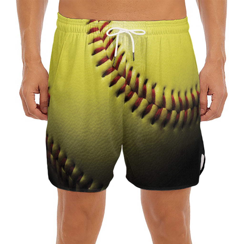 Yellow Softball Ball Print Men's Split Running Shorts