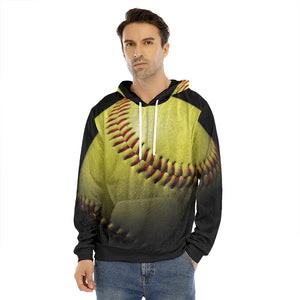 Yellow Softball Ball Print Men's Velvet Pullover Hoodie