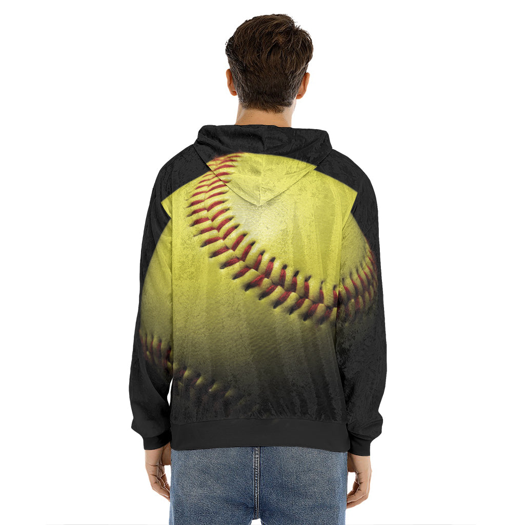 Yellow Softball Ball Print Men's Velvet Pullover Hoodie