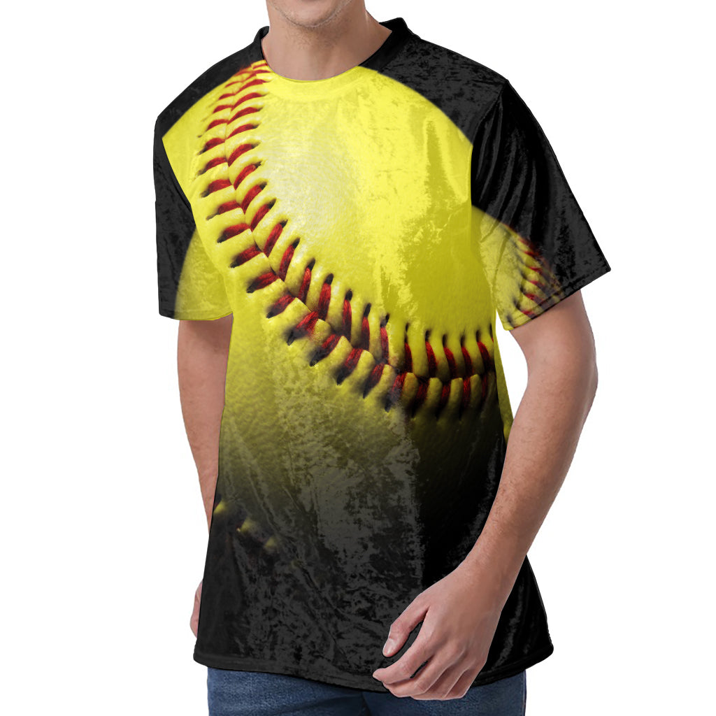 Yellow Softball Ball Print Men's Velvet T-Shirt