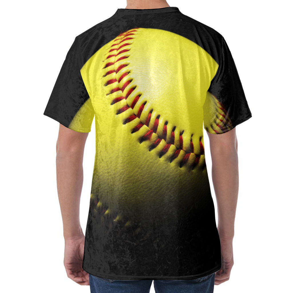 Yellow Softball Ball Print Men's Velvet T-Shirt