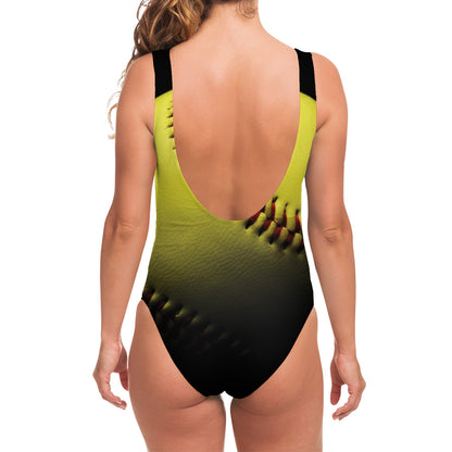 Yellow Softball Ball Print One Piece Swimsuit