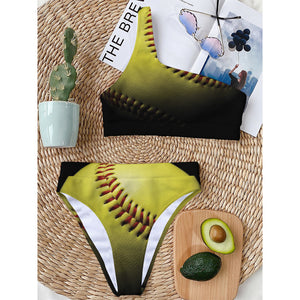 Yellow Softball Ball Print One Shoulder Bikini Top