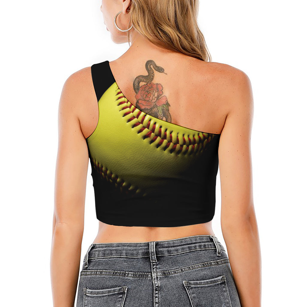 Yellow Softball Ball Print One Shoulder Crop Top