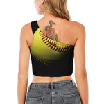 Yellow Softball Ball Print One Shoulder Crop Top