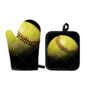 Yellow Softball Ball Print Oven Mitt And Pot Holder Set