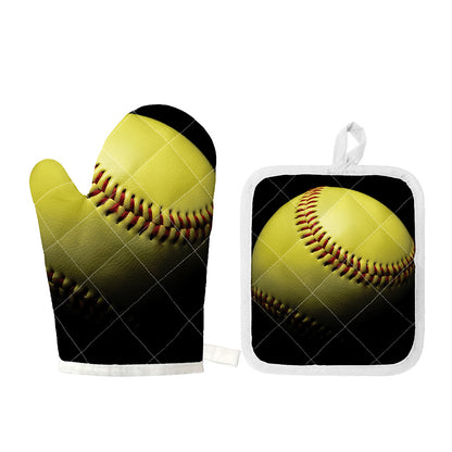 Yellow Softball Ball Print Oven Mitt And Pot Holder Set
