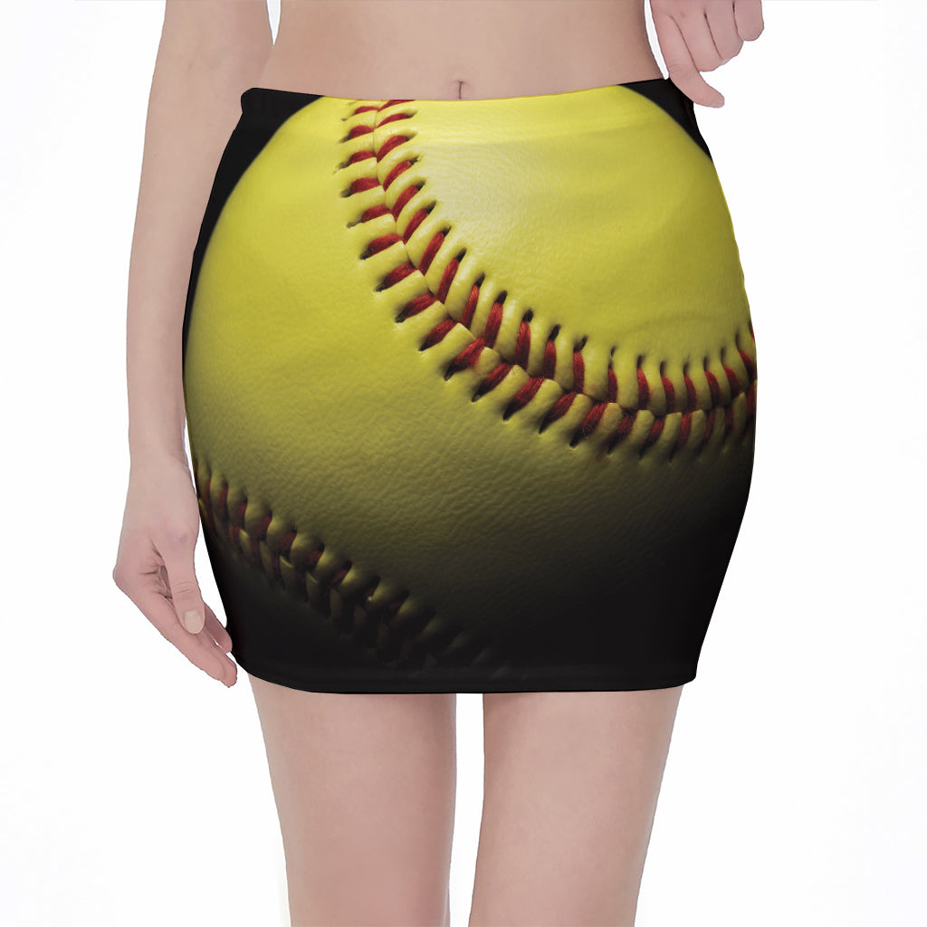 Yellow Softball Ball Print Pencil Mini Skirt