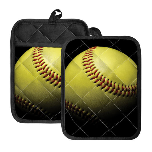 Yellow Softball Ball Print Pot Holders With Pocket