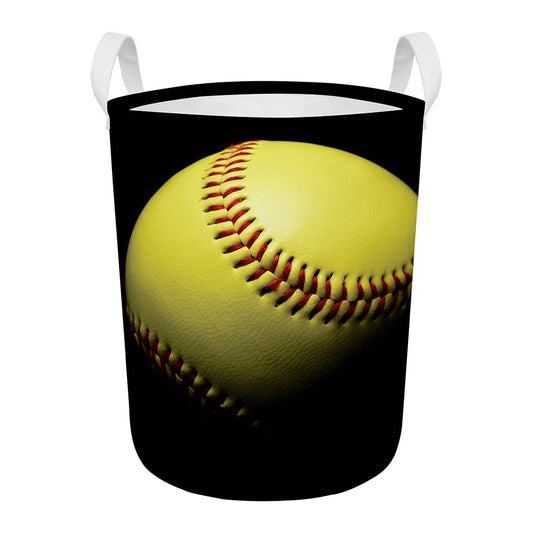 Yellow Softball Ball Print Round Laundry Basket