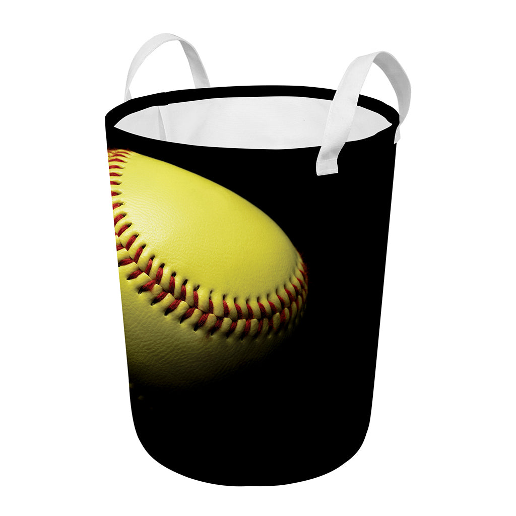 Yellow Softball Ball Print Round Laundry Basket