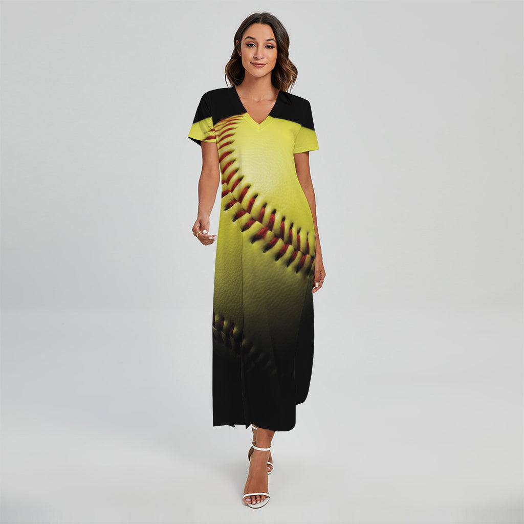 Yellow Softball Ball Print Short Sleeve Maxi Dress