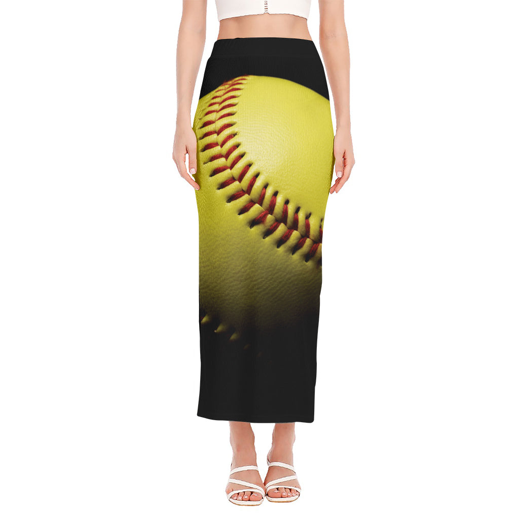 Yellow Softball Ball Print Side Slit Maxi Skirt