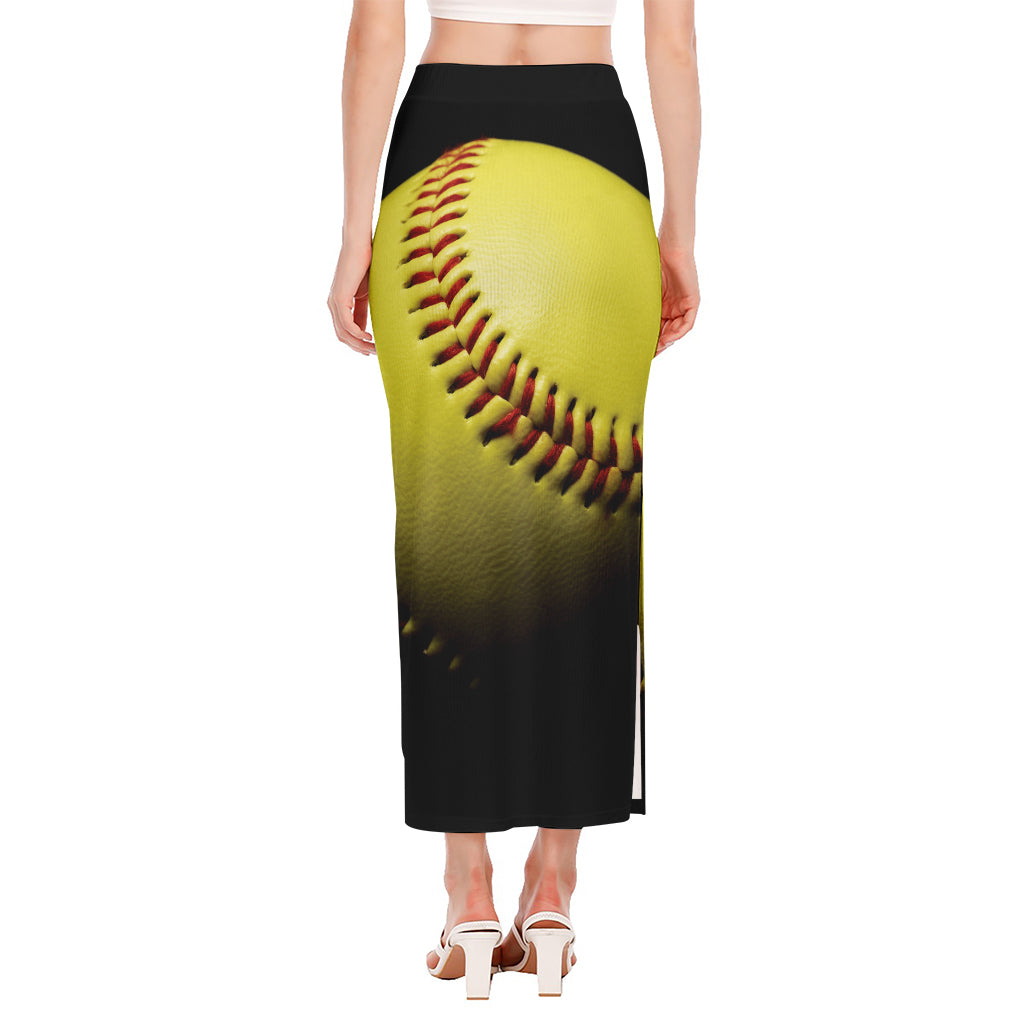 Yellow Softball Ball Print Side Slit Maxi Skirt