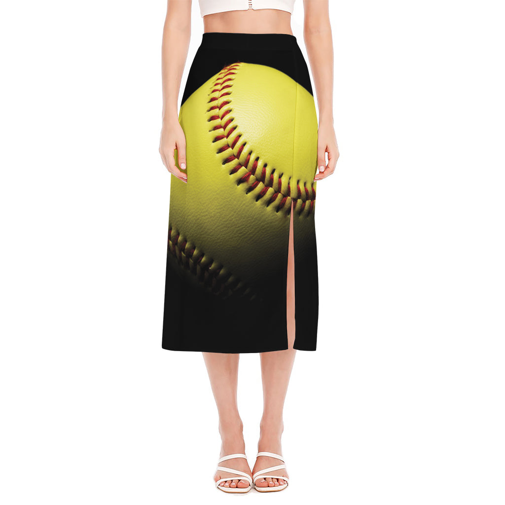 Yellow Softball Ball Print Side Slit Midi Skirt