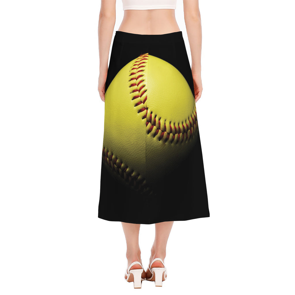 Yellow Softball Ball Print Side Slit Midi Skirt