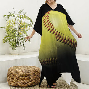 Yellow Softball Ball Print Silk V-Neck Kaftan Dress