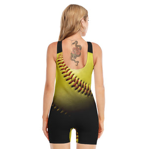 Yellow Softball Ball Print Sleeveless One Piece Swimsuit