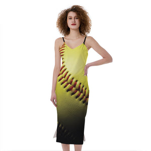 Yellow Softball Ball Print Slim Fit Midi Cami Dress