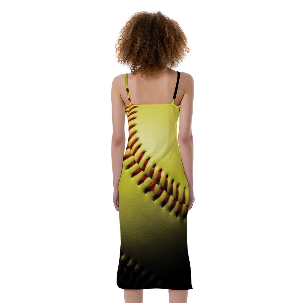 Yellow Softball Ball Print Slim Fit Midi Cami Dress