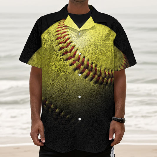 Yellow Softball Ball Print Textured Short Sleeve Shirt