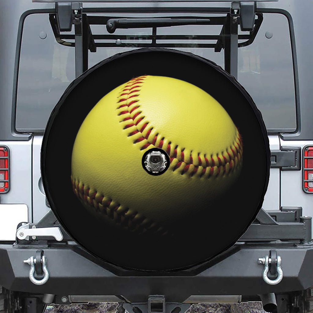 Yellow Softball Ball Print Tire Cover With Camera Hole